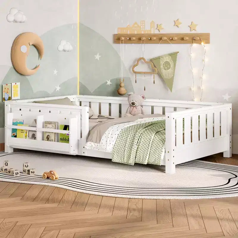 Twin bed with built-in bookshelf and high-quality safety guardrail