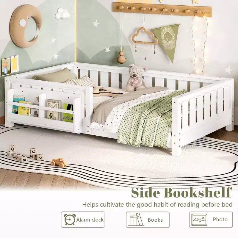 Twin bed with built-in bookshelf and high-quality safety guardrail