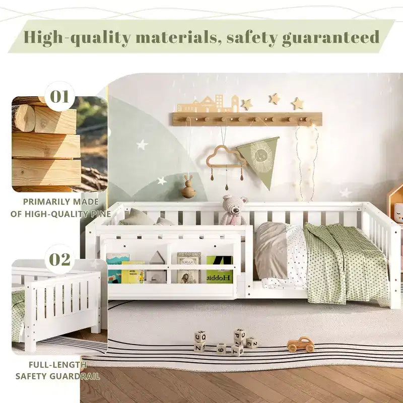 Twin bed with built-in bookshelf and high-quality safety guardrail