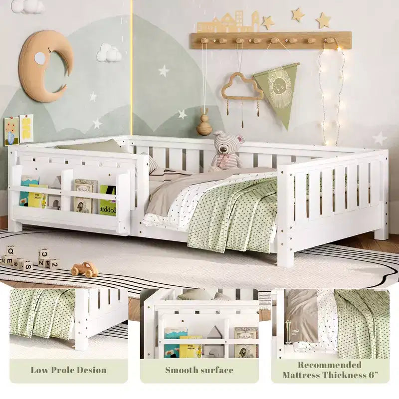 Twin bed with built-in bookshelf and high-quality safety guardrail