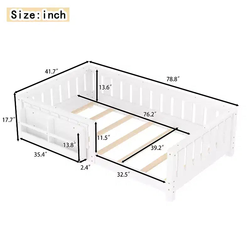 Twin bed with built-in bookshelf and high-quality safety guardrail