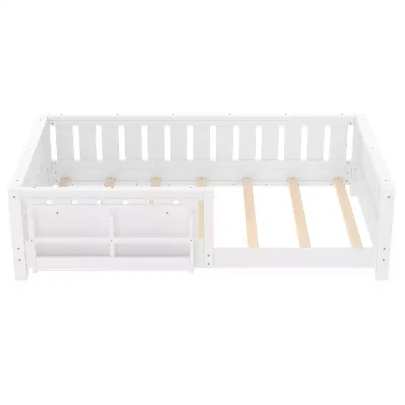 Twin bed with built-in bookshelf and high-quality safety guardrail