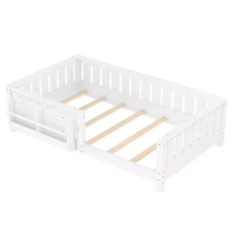 Twin bed with built-in bookshelf and high-quality safety guardrail