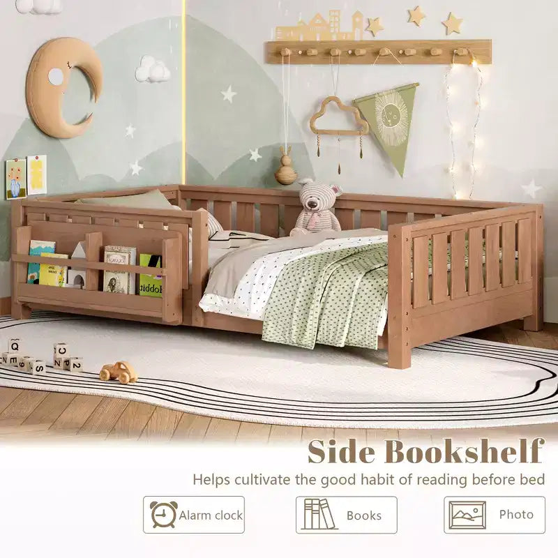 Twin bed with built-in bookshelf and high-quality safety guardrail
