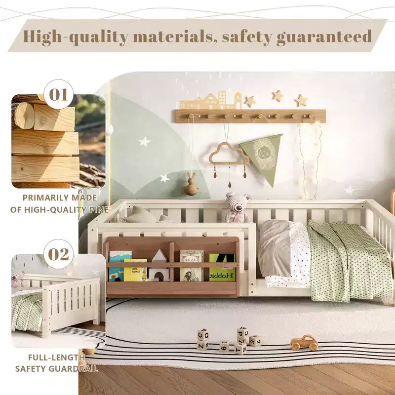 Twin bed with built-in bookshelf and high-quality safety guardrail
