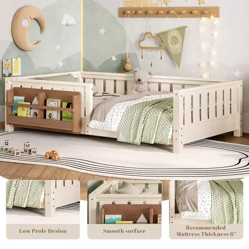 Twin bed with built-in bookshelf and high-quality safety guardrail