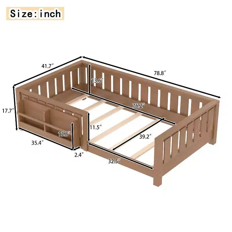 Twin bed with built-in bookshelf and high-quality safety guardrail
