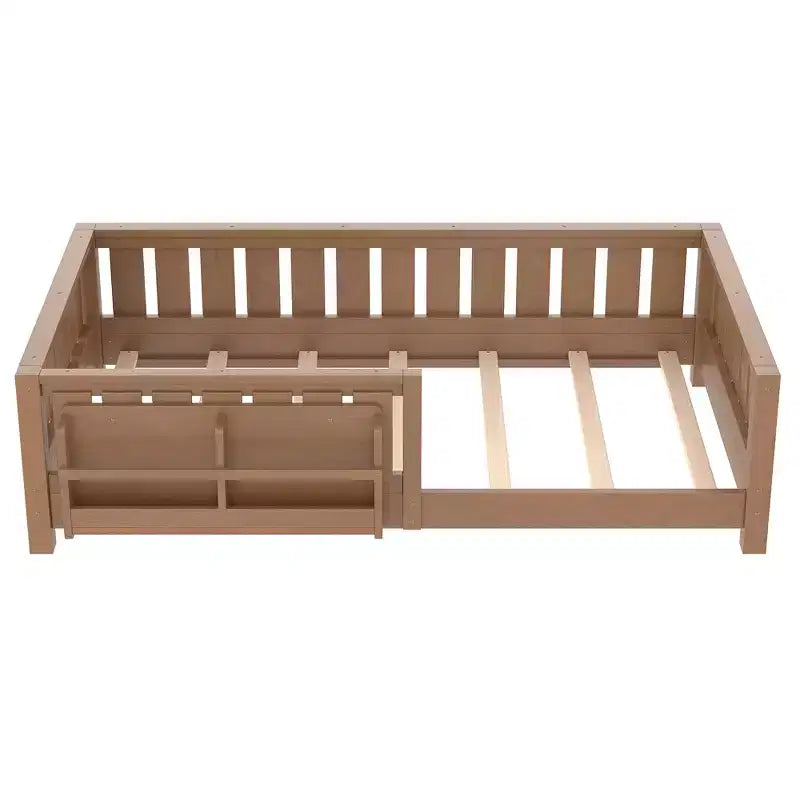 Twin bed with built-in bookshelf and high-quality safety guardrail