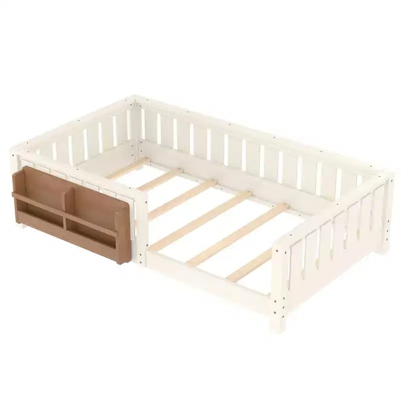 Twin bed with built-in bookshelf and high-quality safety guardrail