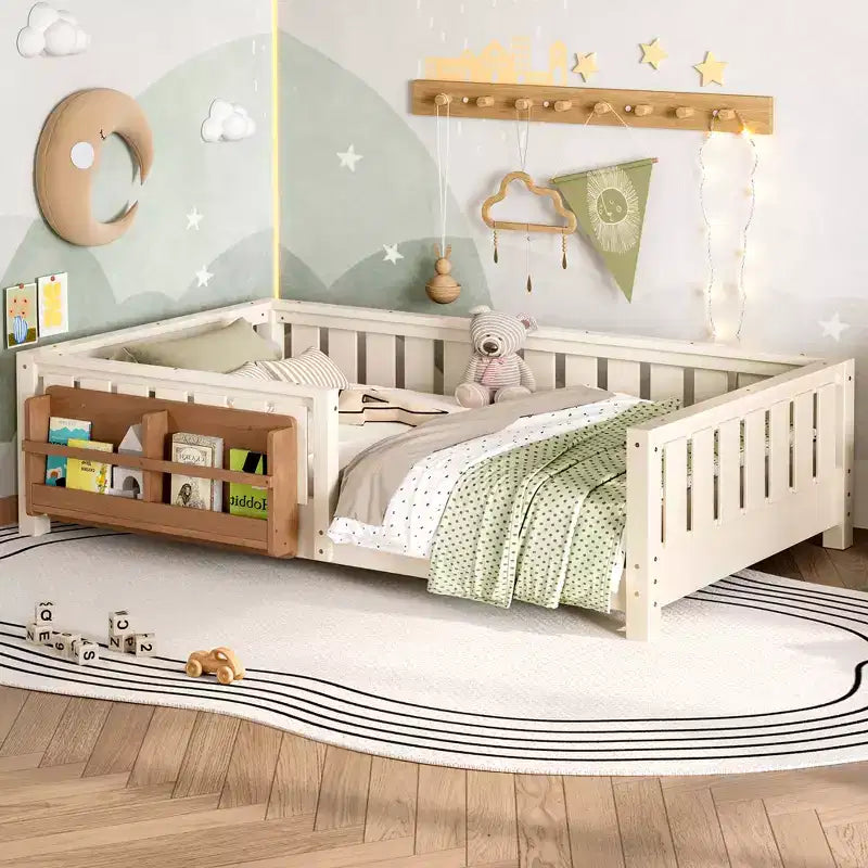 Twin bed with built-in bookshelf and high-quality safety guardrail