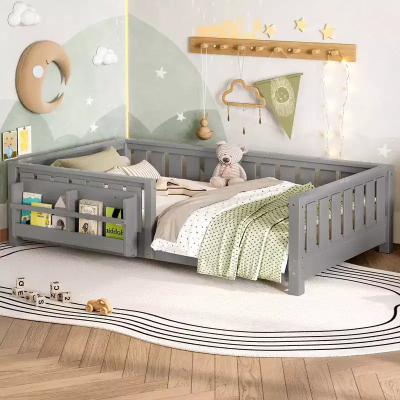 Twin bed with built-in bookshelf and high-quality safety guardrail