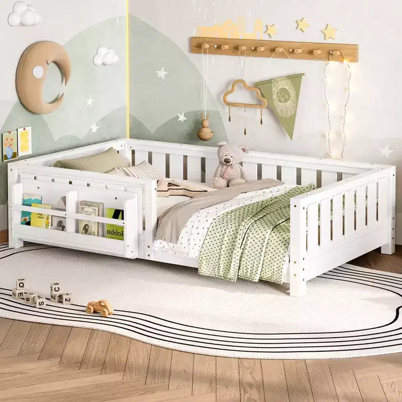 Twin bed with built-in bookshelf and high-quality safety guardrail