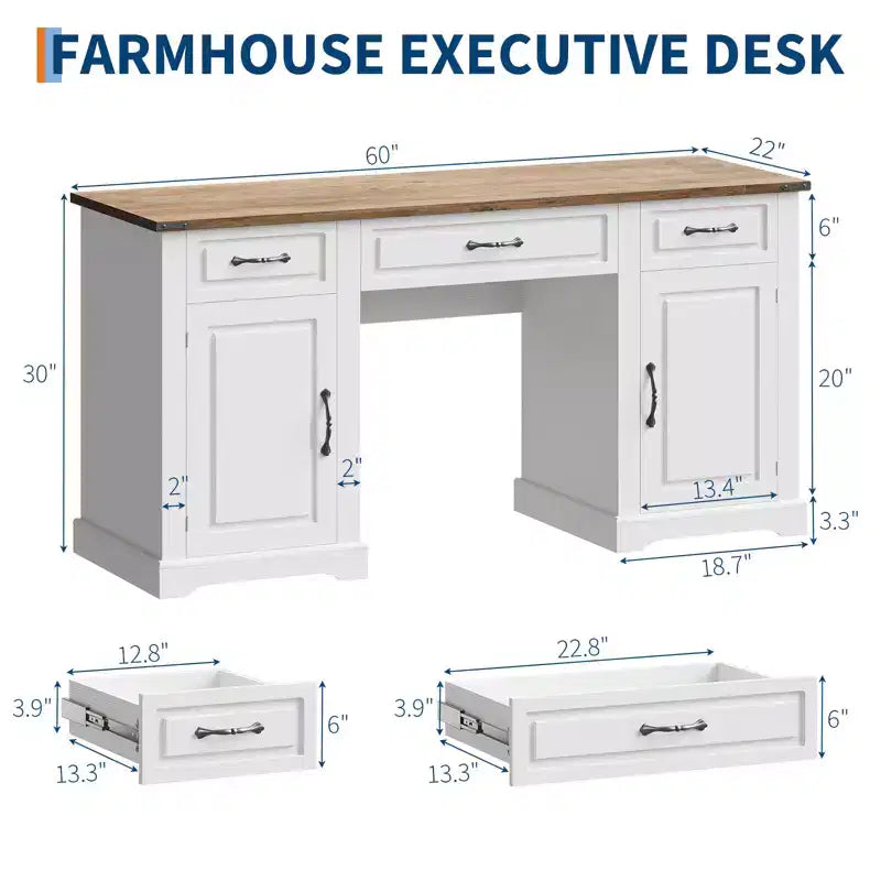 Farmhouse Executive Desk, Writing Desk with 3 Drawers and 2 Cabinets, Rustic Wooden Computer Table for Work, Study, Writing, Workstation for Bedroom