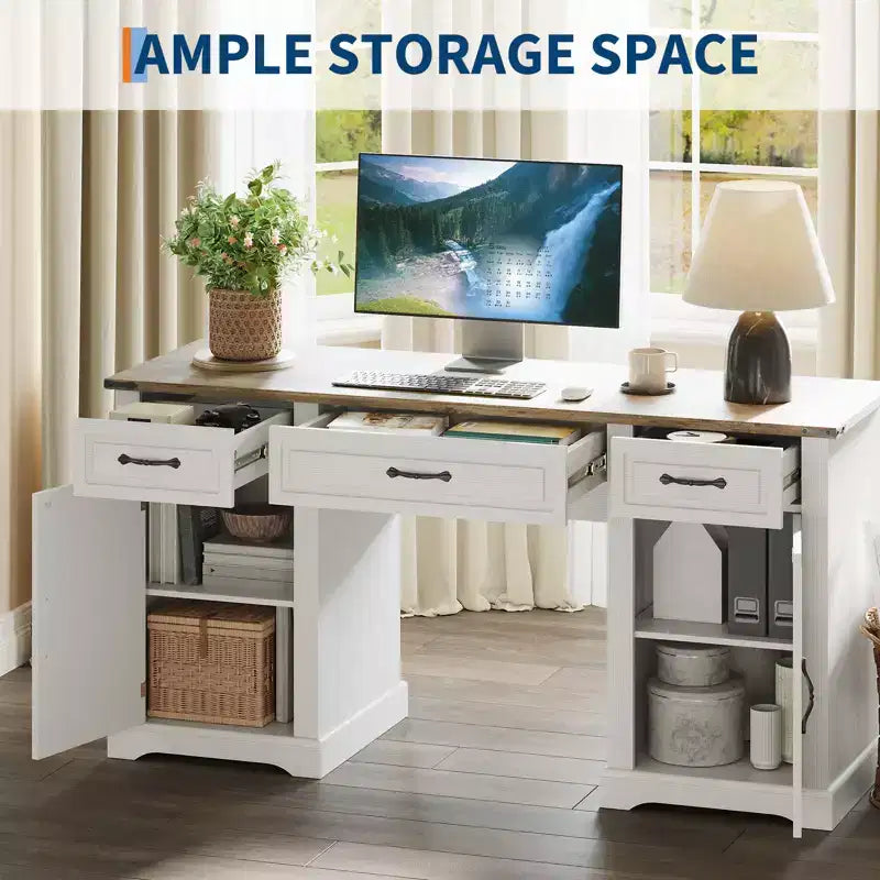 Scrivania direzionale in stile rustico, scrivania con 3 cassetti e 2 ante, tavolo porta computer in legno per lavoro, studio e scrittura, postazione di lavoro per camera da letto