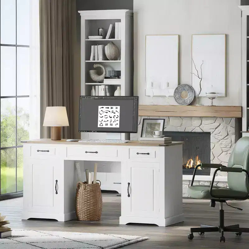 Farmhouse Executive Desk, Writing Desk with 3 Drawers and 2 Cabinets, Rustic Wooden Computer Table for Work, Study, Writing, Workstation for Bedroom