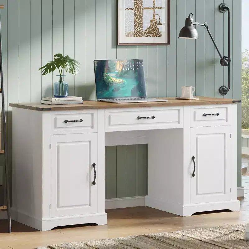 Farmhouse Executive Desk, Writing Desk with 3 Drawers and 2 Cabinets, Rustic Wooden Computer Table for Work, Study, Writing, Workstation for Bedroom