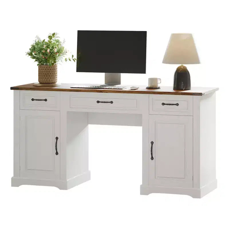 Farmhouse Executive Desk, Writing Desk with 3 Drawers and 2 Cabinets, Rustic Wooden Computer Table for Work, Study, Writing, Workstation for Bedroom