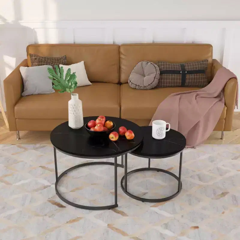 27 Round Nesting Table Set of 2, Industrial Wood-Look Tops with Sturdy Metal Frame, Space-Saving Accent End Tables, Black