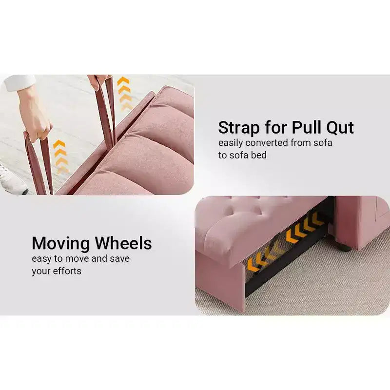 Divano letto 3 in 1, divano trasformabile estraibile con tavolino, porte USB e Type-C, divano letto a 2 posti con tasche laterali, rosa