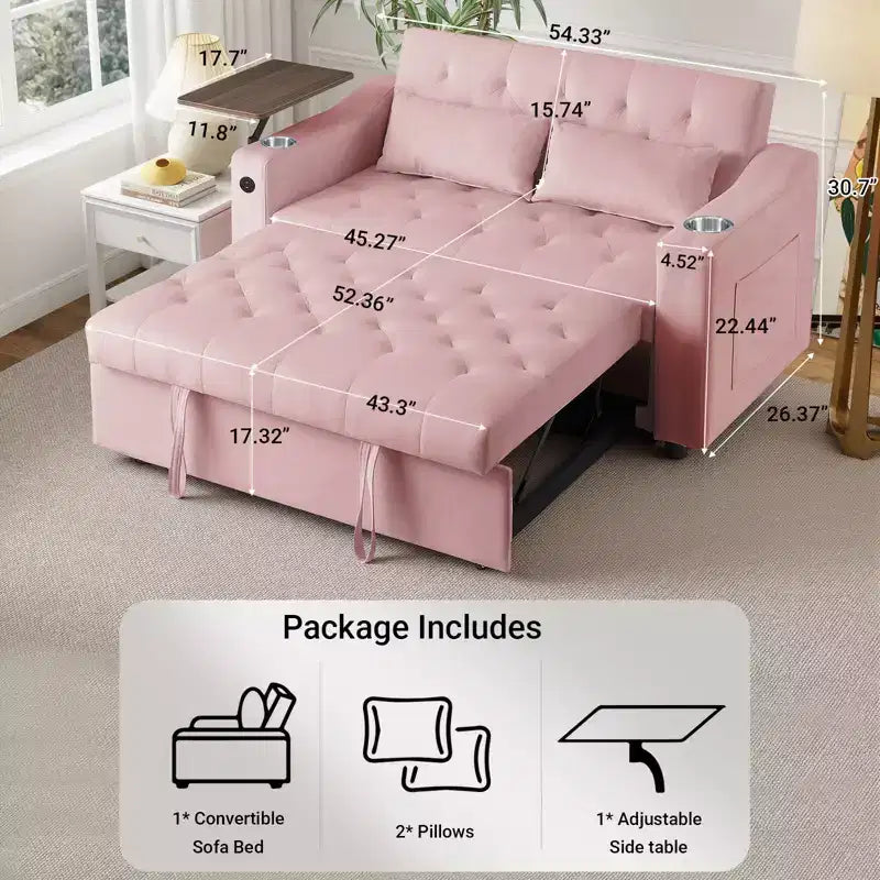 Divano letto 3 in 1, divano trasformabile estraibile con tavolino, porte USB e Type-C, divano letto a 2 posti con tasche laterali, rosa