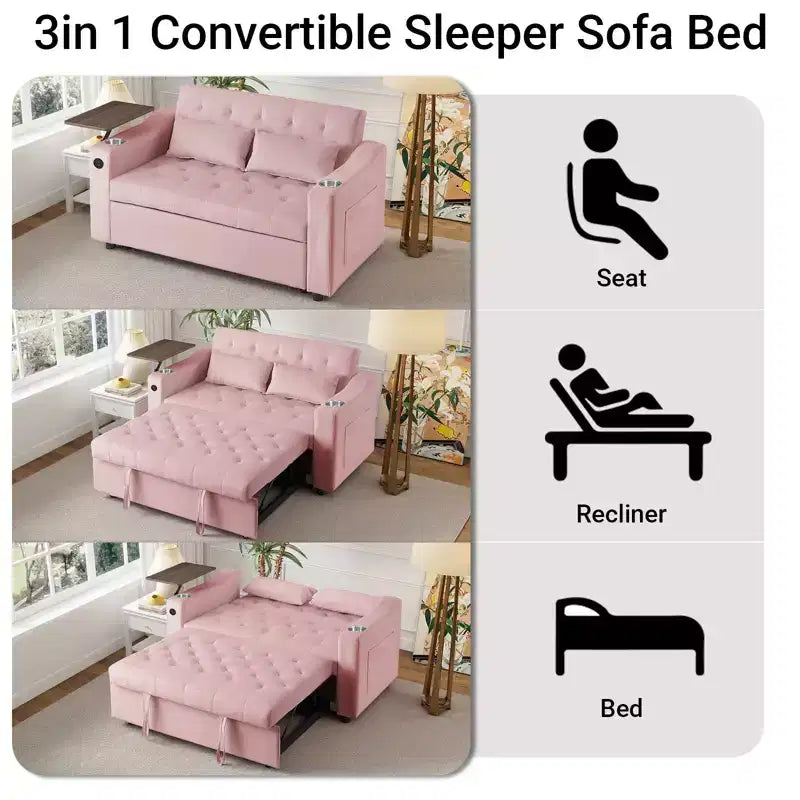 Divano letto 3 in 1, divano trasformabile estraibile con tavolino, porte USB e Type-C, divano letto a 2 posti con tasche laterali, rosa