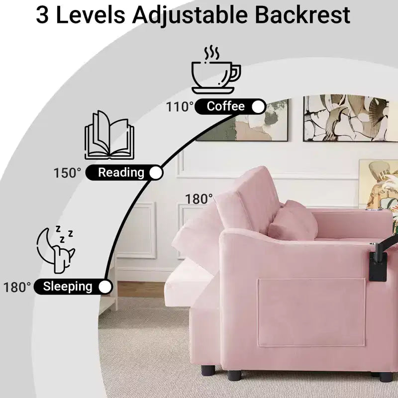 Divano letto 3 in 1, divano trasformabile estraibile con tavolino, porte USB e Type-C, divano letto a 2 posti con tasche laterali, rosa