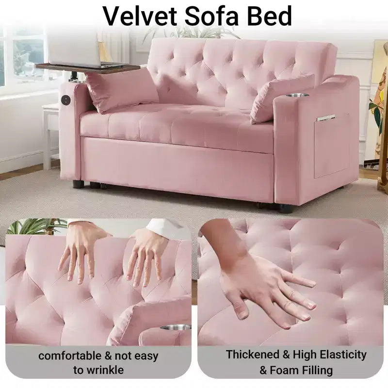 3 in 1 Sleeper Sofa Bed,Convertible Pull Out Couch with Small Table,USB and Type-C Ports,Loveseat Sleeper Bed with Side Pockets,Pink
