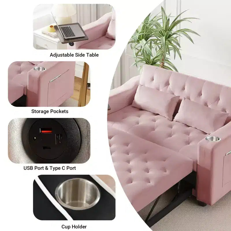 Divano letto 3 in 1, divano trasformabile estraibile con tavolino, porte USB e Type-C, divano letto a 2 posti con tasche laterali, rosa