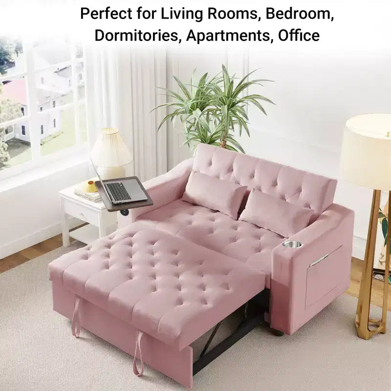 Divano letto 3 in 1, divano trasformabile estraibile con tavolino, porte USB e Type-C, divano letto a 2 posti con tasche laterali, rosa