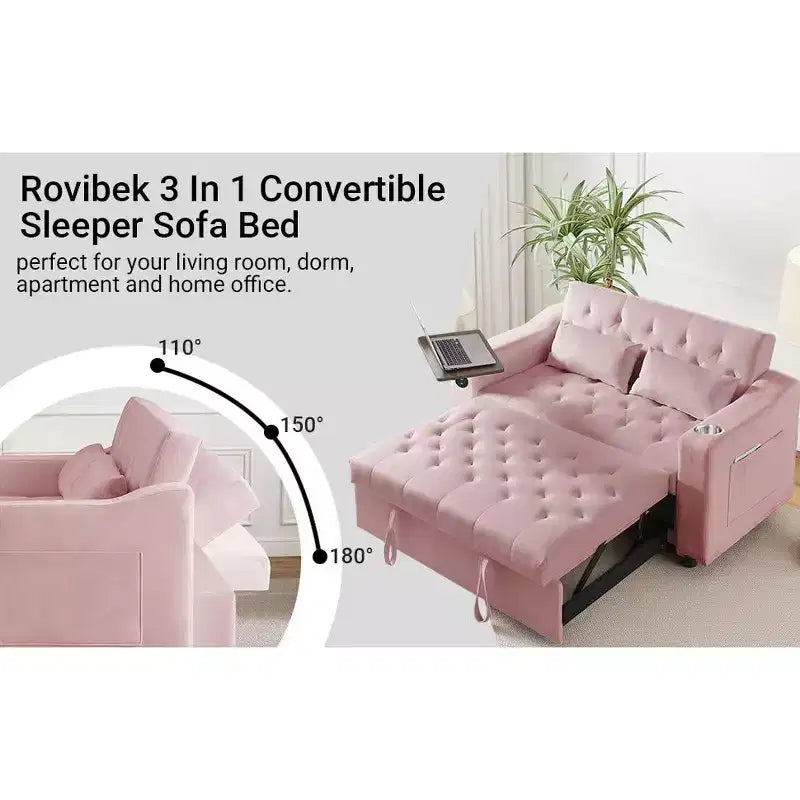 Divano letto 3 in 1, divano trasformabile estraibile con tavolino, porte USB e Type-C, divano letto a 2 posti con tasche laterali, rosa