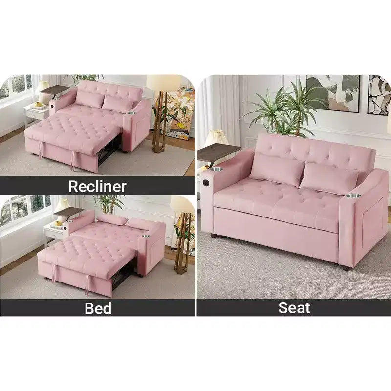 Divano letto 3 in 1, divano trasformabile estraibile con tavolino, porte USB e Type-C, divano letto a 2 posti con tasche laterali, rosa