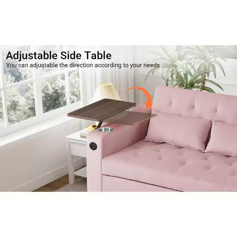 Divano letto 3 in 1, divano trasformabile estraibile con tavolino, porte USB e Type-C, divano letto a 2 posti con tasche laterali, rosa