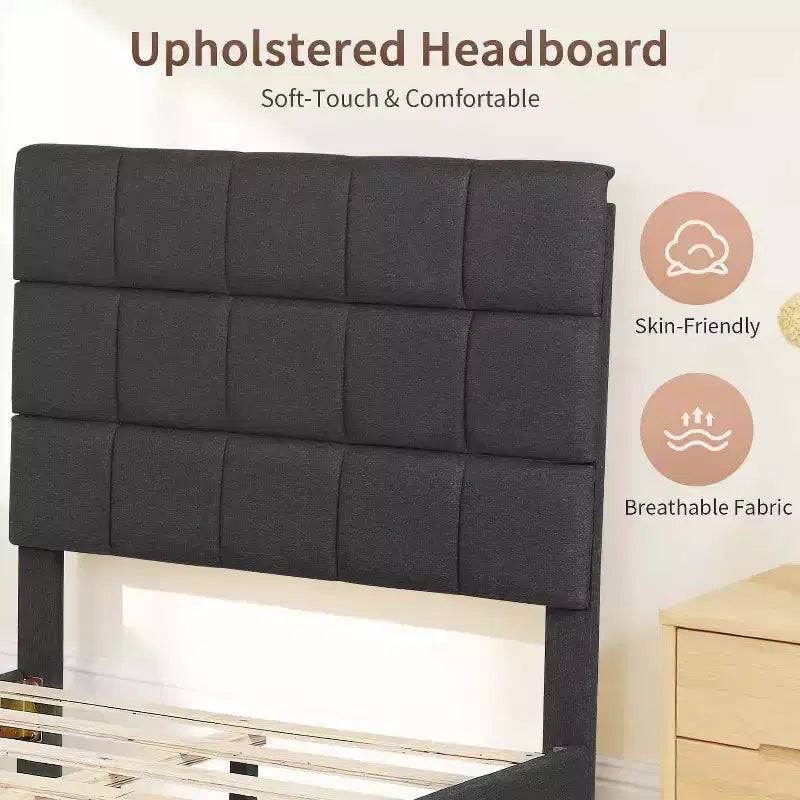 FDW Twin/Full/Queen/King Bed Frame Upholstered Bed Frame with Fabric Upholstered Headboard,Wooden Slats Support ,No Box Spring Needed,Dark Grey