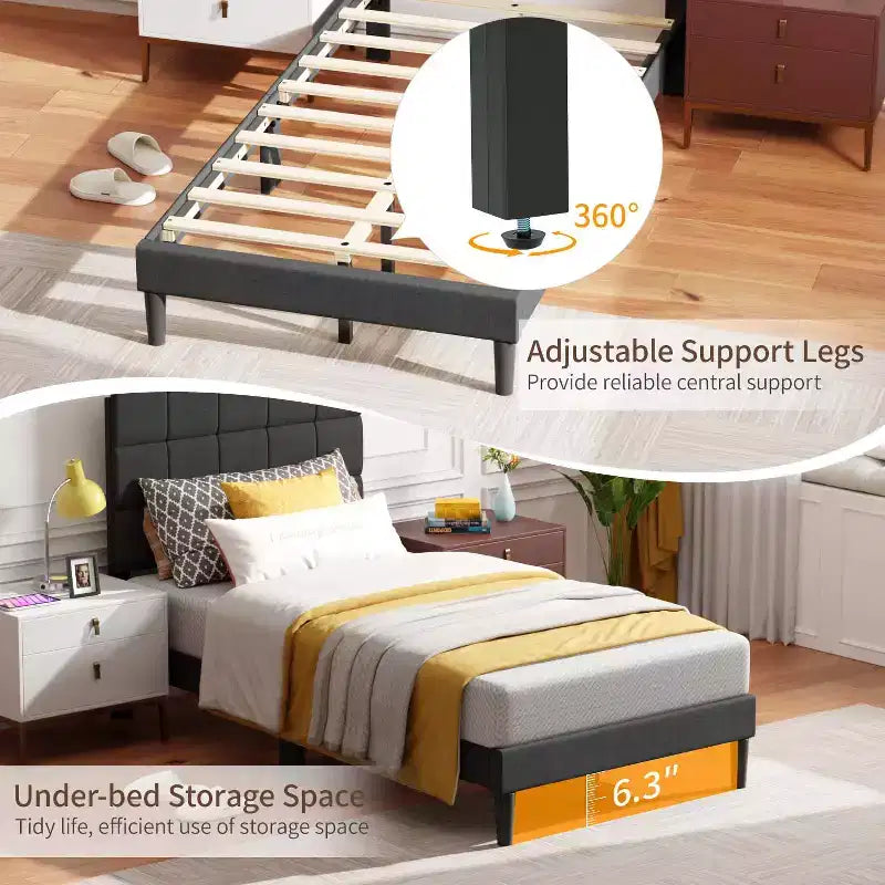 FDW Twin/Full/Queen/King Bed Frame Upholstered Bed Frame with Fabric Upholstered Headboard,Wooden Slats Support ,No Box Spring Needed,Dark Grey