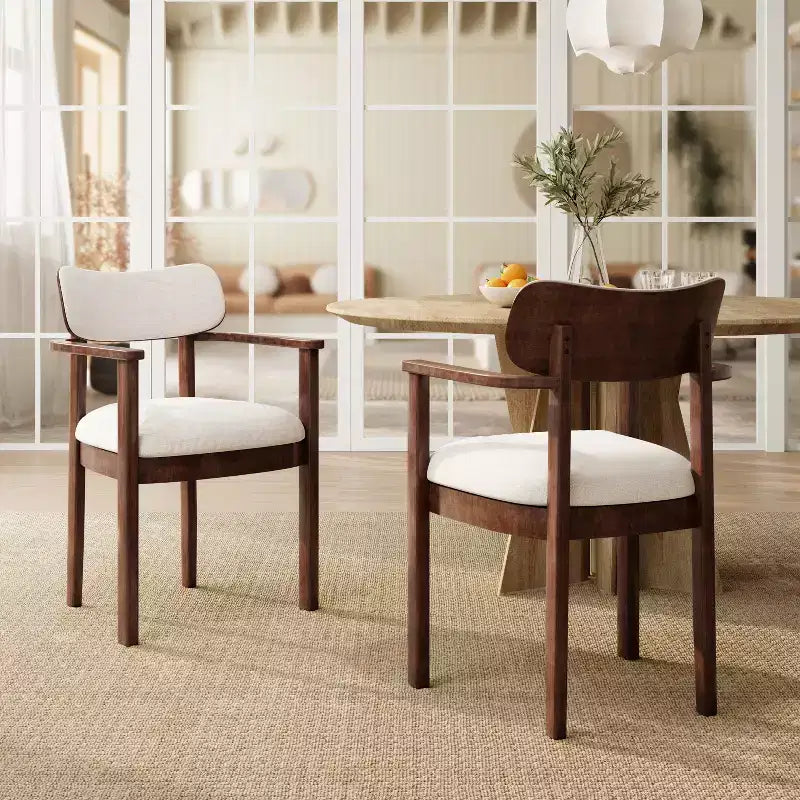 Set di 2 sedie da pranzo imbottite in legno di caucciù stile rustico, con schienale curvo