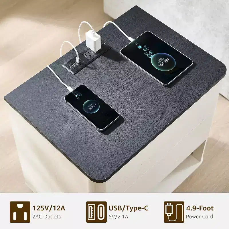 Modern Bedside Table Set of 2 with USB Charging Station 2 Drawers Push to Open Design