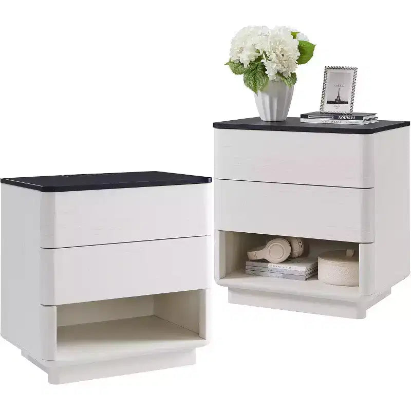 Modern Bedside Table Set of 2 with USB Charging Station 2 Drawers Push to Open Design