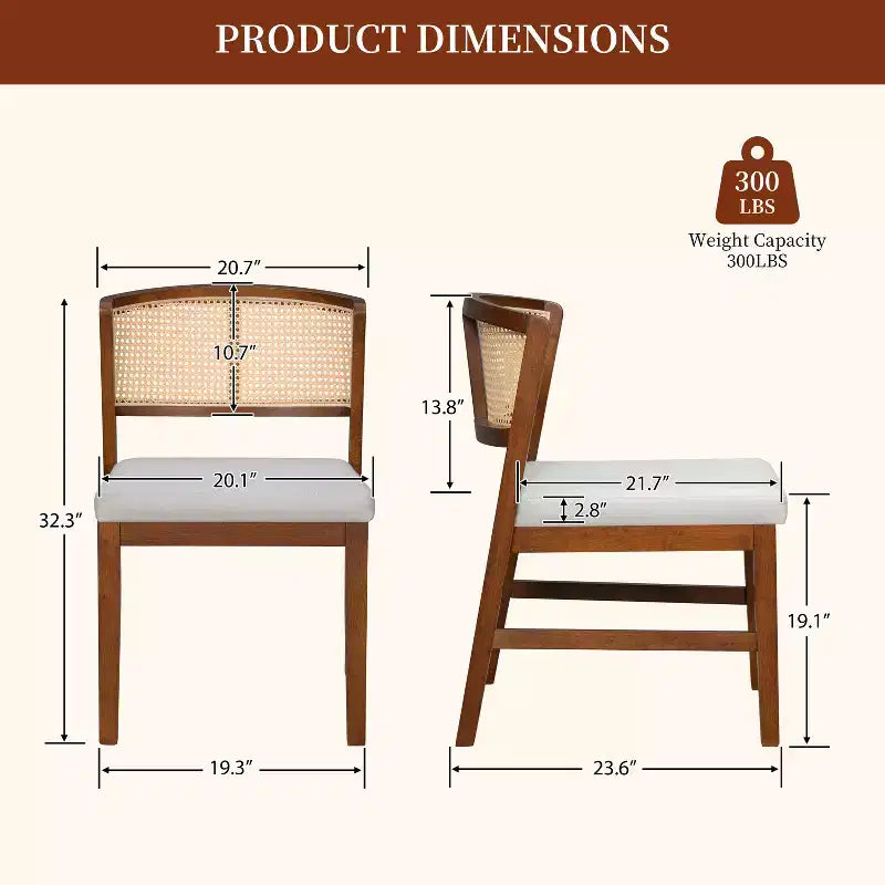 Set of 2 Rattan Dining Chairs Armless Chair Kitchen Side Chair with Curved Rattan Back & Rubberwood Frame