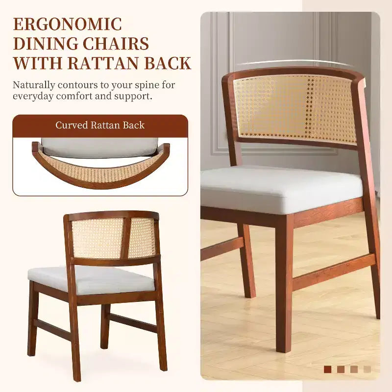 Set of 2 Rattan Dining Chairs Armless Chair Kitchen Side Chair with Curved Rattan Back & Rubberwood Frame