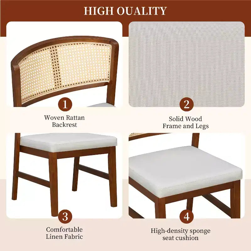 Set of 2 Rattan Dining Chairs Armless Chair Kitchen Side Chair with Curved Rattan Back & Rubberwood Frame