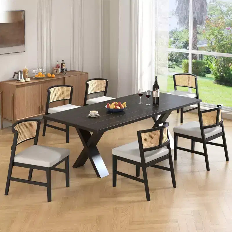 Set di 2 sedie da pranzo in rattan senza braccioli, sedie laterali da cucina con schienale curvo in rattan e struttura in legno di caucciù