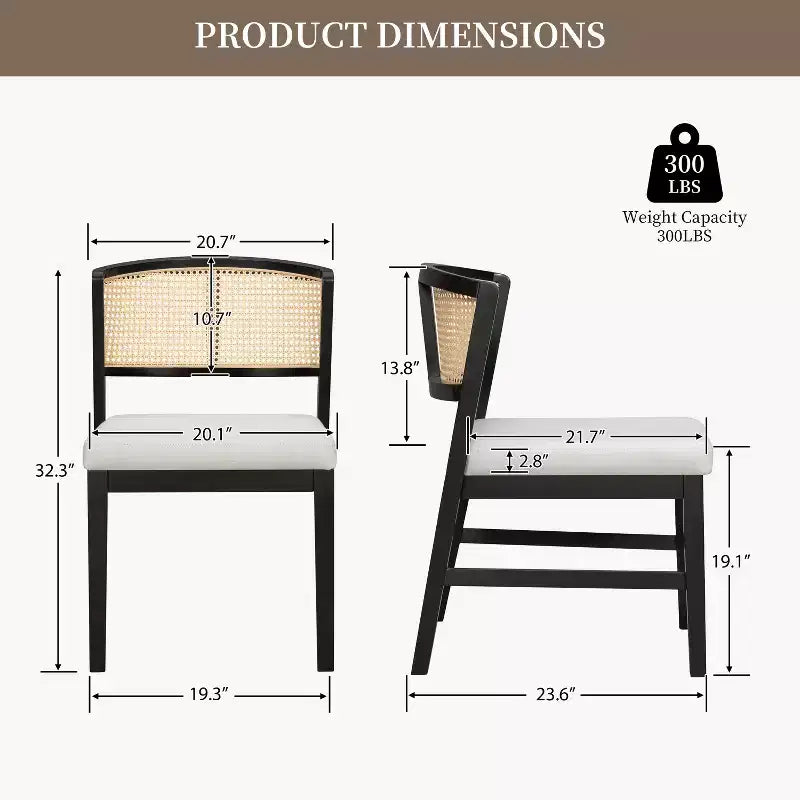 Set di 2 sedie da pranzo in rattan senza braccioli, sedie laterali da cucina con schienale curvo in rattan e struttura in legno di caucciù