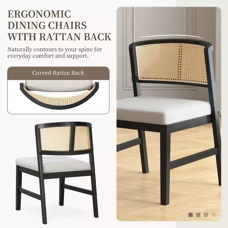 Set di 2 sedie da pranzo in rattan senza braccioli, sedie laterali da cucina con schienale curvo in rattan e struttura in legno di caucciù