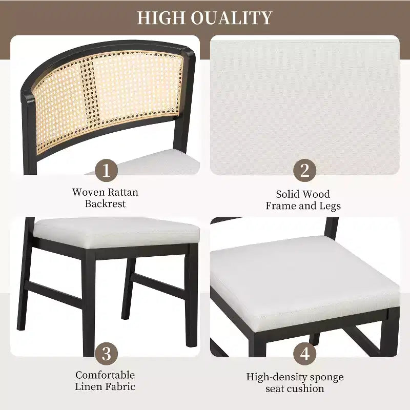 Set of 2 Rattan Dining Chairs Armless Chair Kitchen Side Chair with Curved Rattan Back & Rubberwood Frame