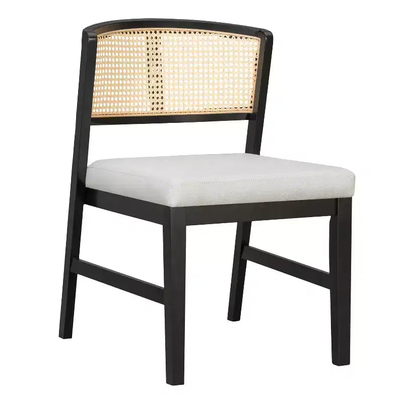 Set of 2 Rattan Dining Chairs Armless Chair Kitchen Side Chair with Curved Rattan Back & Rubberwood Frame