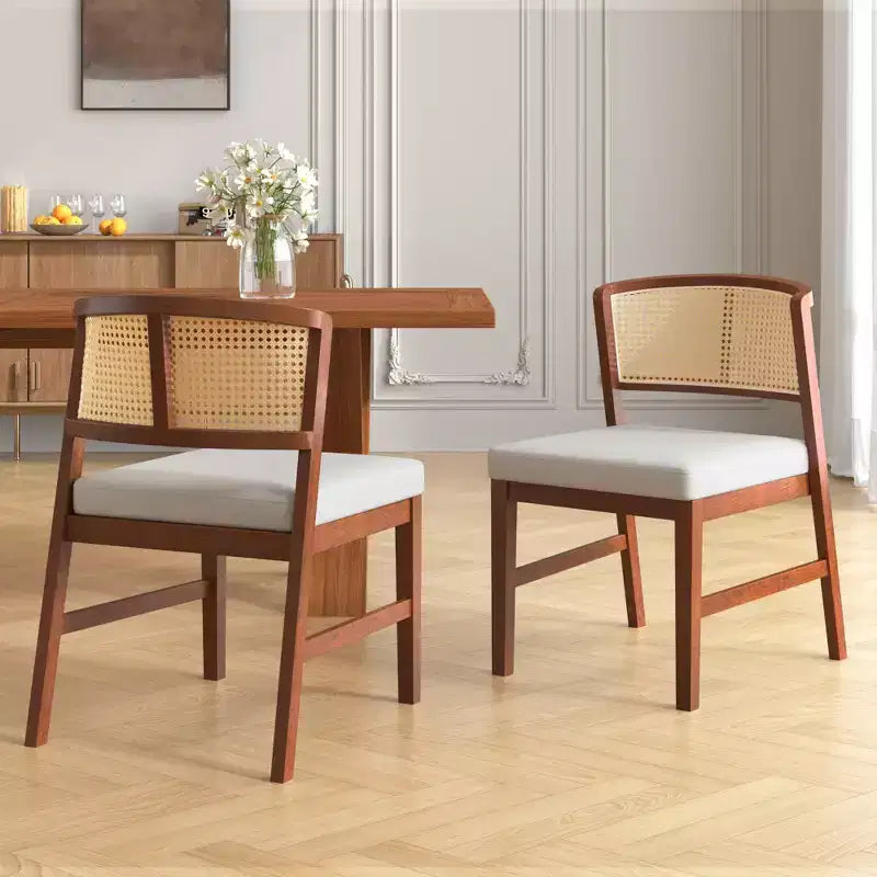Set di 2 sedie da pranzo in rattan senza braccioli, sedie laterali da cucina con schienale curvo in rattan e struttura in legno di caucciù