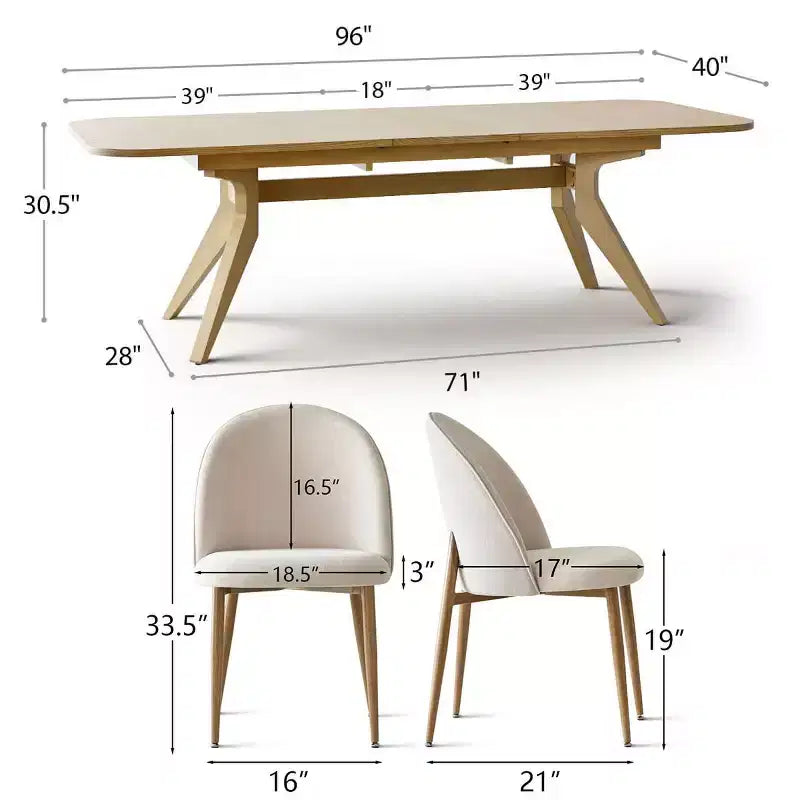 78-96 Modern Extendable Dining Table Set for 6/8, Japandi Dining Room Set with Beige Upholstered Chairs, V-Leg Trestle Base
