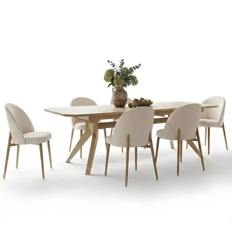 78-96 Modern Extendable Dining Table Set for 6/8, Japandi Dining Room Set with Beige Upholstered Chairs, V-Leg Trestle Base