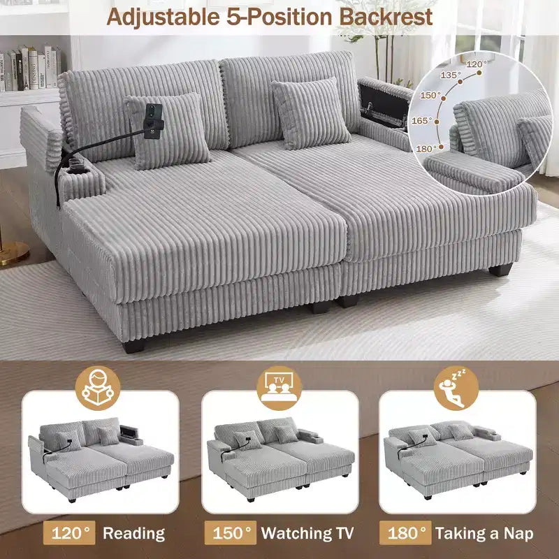 Moderno divano chaise longue da 75.5 con schienale regolabile e portabicchieri