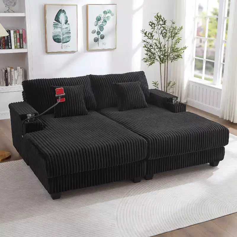 Modern 75.5 Chaise Lounge Sofa with Adjustable Backrest and Cup Holders